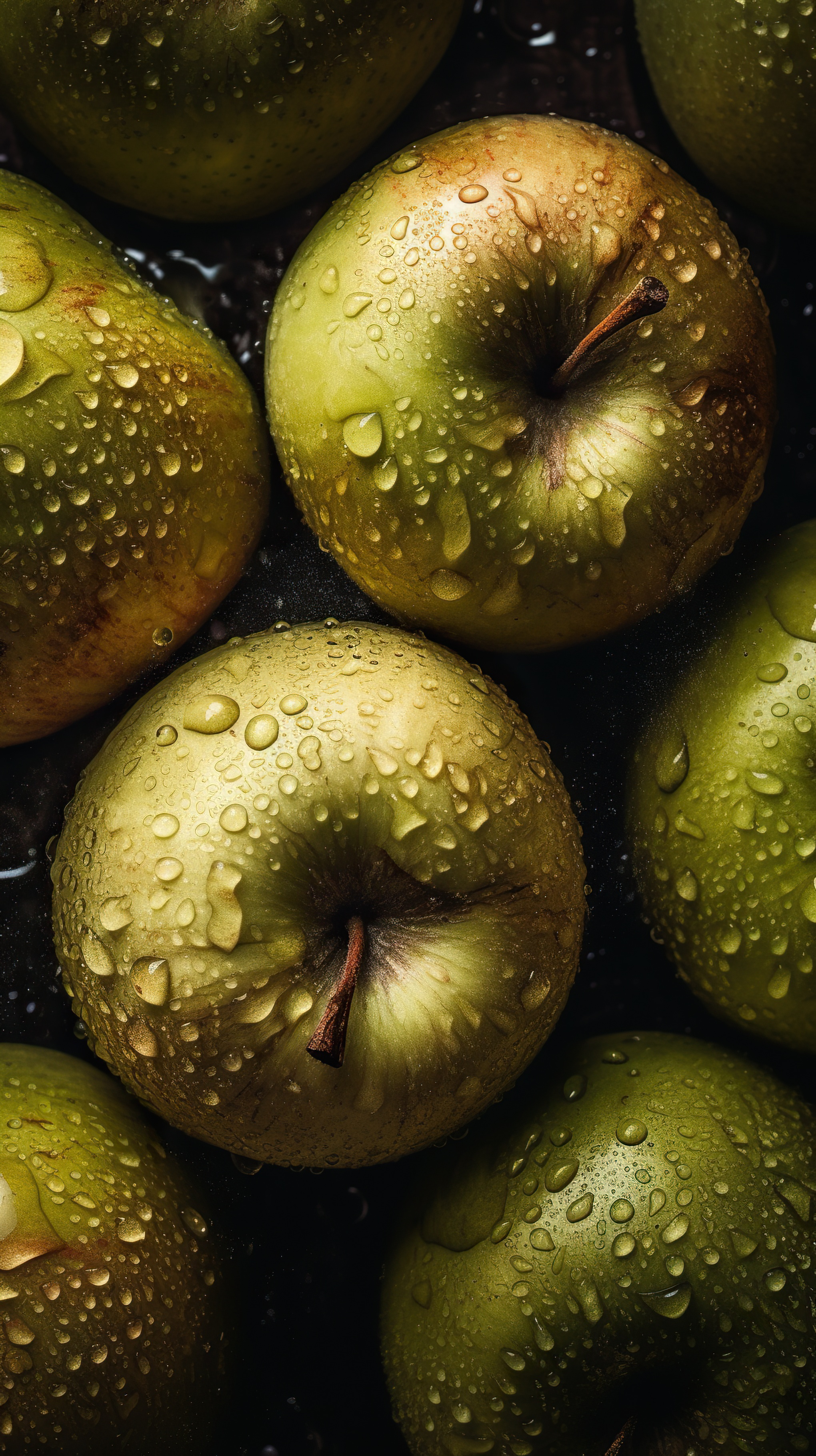 Green Apples with Water Droplets on Black Background